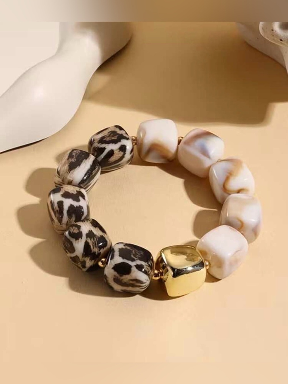 Western Bracelet Gold Accent Leopard & Marble Bead Stretch Bracelet